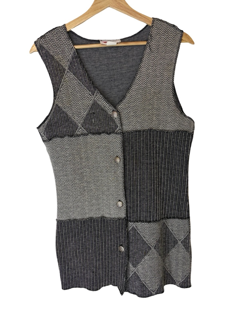 CRISTINA Patchwork Knit Vest in Gray and Black with silver buttons #062